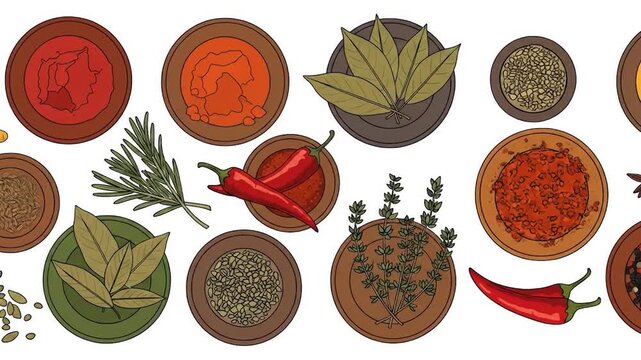 A vibrant collection of spices and herbs in circular containers, showcasing culinary diversity.