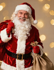 Santa holds red sack and burlap gift bag on golden bokeh