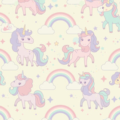 A whimsical pattern featuring colorful unicorns, rainbows, and clouds.