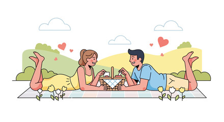 Happy Couple Enjoying A Romantic Picnic, Sharing a Basket Of Food, Lying Outdoors