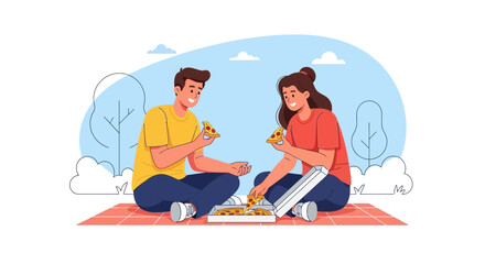 Happy couple enjoying pizza on a picnic blanket in the park illustration
