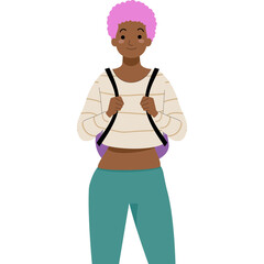 College Student with Pink Hair Wearing Striped Shirt and Turquoise Pants on Transparent Background Full Shot