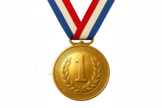 Gold medal representing first place and champion achievement, winning success in competition, isolated on transparent background