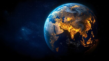 Fototapeta premium Earth viewed from space shows continents with glowing city lights shining through the darkness, set against a background of stars and in deep space.