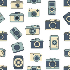 A pattern featuring various camera illustrations in a playful, artistic style.