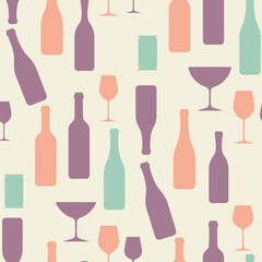 A pattern featuring various silhouettes of bottles and glasses in pastel colors.