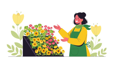 Happy Florist Presenting Colorful Flowers in a Shop, Smiling and Welcoming Customers