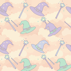 A whimsical pattern featuring colorful witch hats and magic wands against a soft cloud background.