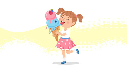 Happy girl enjoying a giant ice cream cone during a sunny summer day