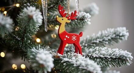 Seasonal Christmas tree decorations featuring a red ribbon and ornaments for the winter holiday celebration