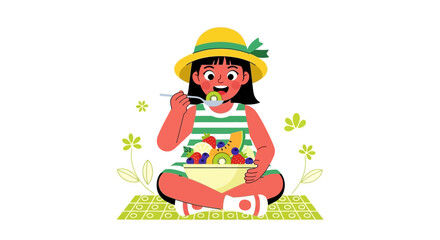 Naklejka premium Happy Girl Enjoying Fresh Fruits While Relaxing Outdoors In A Colorful Sunny Day