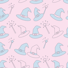 A repeating pattern of blue witch hats and magic wands on a pink background.