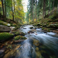 Obraz premium Flowing river through lush forest landscape with green foliage