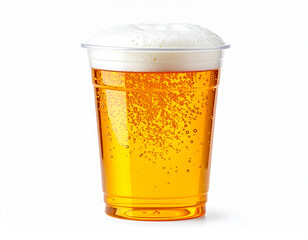 Plastic Cup of Cold Beer with Foam on White Background