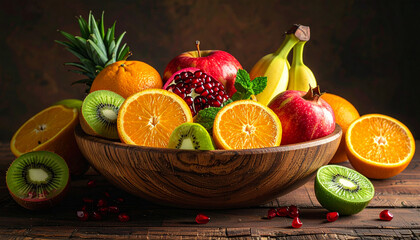 Fresh Tropical Fruits in Wooden Bowl with Oranges Kiwi and Pomegranate