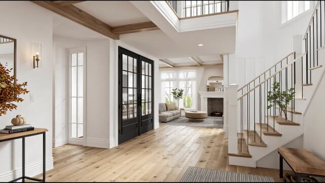 Cozy house interior, warm wood tones and console table, blending functionality and seasonal furniture.