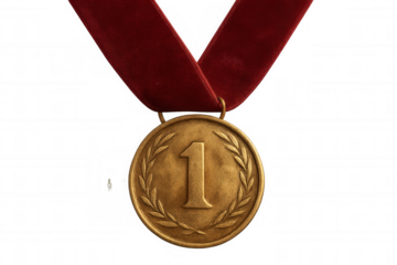 Gold medal with number one and laurel wreath on red ribbon celebrating victory, achievement, and success