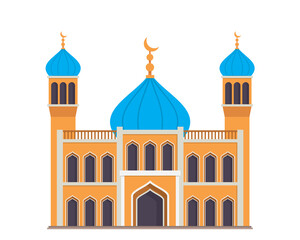 Orange Mosque with Blue Dome and Minarets Isolated on White Background Architecture Islamic Structure Building Exterior Design Arabic Culture Religious Landmark