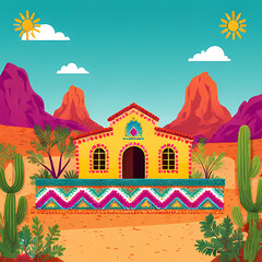 Simple Mexican culture background with bright colors and traditional motifs.