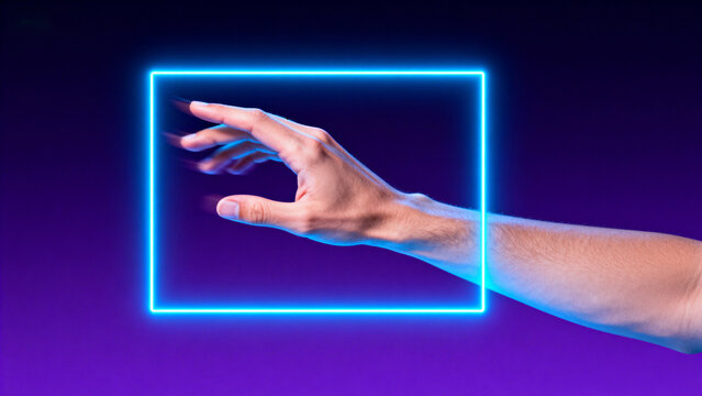 Hand reaching for neon square frame