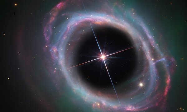 Cinematic visualization of a supermassive black hole with a swirling accretion disk in the vastness of outer space, with copy space