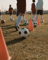 Obraz premium Youth Soccer Training with Precise Footwork and Coaching Premium Authentic Sports Education Content for Childrens Clinics and Marketing Campaigns