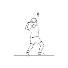 One continuous line drawing of tennis illustration. Tennis player uses a tennis racket strung with a cord to strike a hollow rubber ball covered with felt. Sport theme design vector concept.