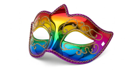 Rainbow carnival mask displaying glitter and festive colors