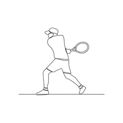 One continuous line drawing of tennis illustration. Tennis player uses a tennis racket strung with a cord to strike a hollow rubber ball covered with felt. Sport theme design vector concept.