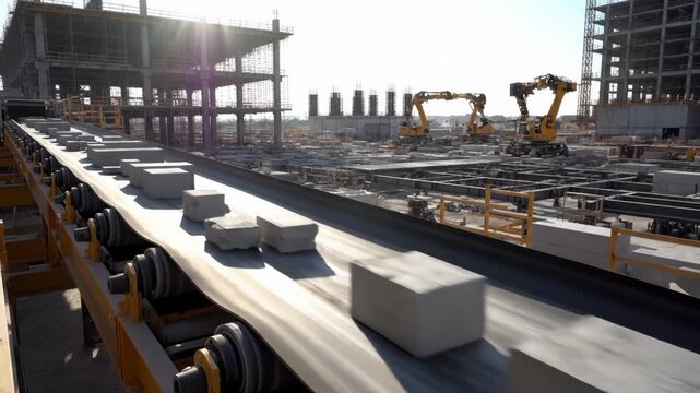 Concrete Blocks Moving on Conveyor Belt at Construction Site