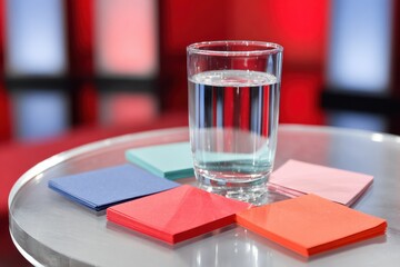 Premium Political Debate Podium Scene with Glass of Water and Note Cards Modern Professional Content for Media, Editorial, Advertising Campaigns