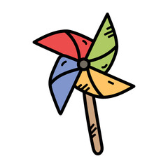 Colorful Pinwheel Toy with Red Green Yellow and Blue Blades on a White Background Childrens Game Summer Breeze Concept