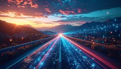 Digital data flow on road in concept of cyber global communication and coding with graphic creating vision of fast speed transfer to show agile digital transformation disruptive innov