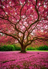 Obraz premium Giant cherry blossom tree in full pink bloom, petals carpeting the ground — dreamy, romantic, and magical spring.