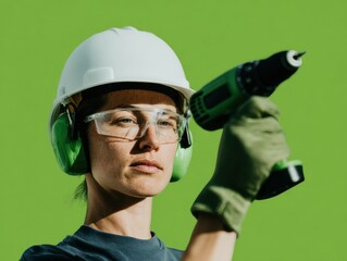 Skilled Woman Construction Worker Using Cordless Drill Wearing Safety Gear Premium Authentic Labor and Safety Stock for Marketing and Social Campaigns