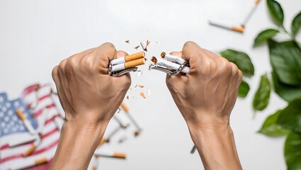 Hands Snapping Cigarette with American Pride on Smokeout Day