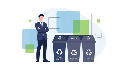 Illustration of a businessman in front of recycling bins and the concept of waste management