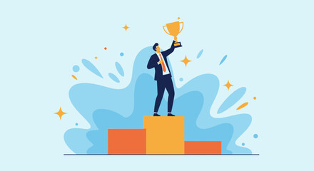 Fototapeta premium Illustration of a businessman winning a trophy on a podium, vector art
