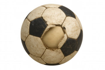 Old damaged football showing wear and tear, representing broken sports dreams or past glory, transparent background