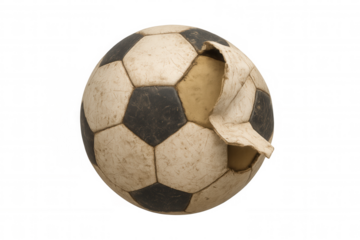 Old football, worn and broken, showing peeling surface, representing discarded sports equipment, challenges, or fading glory