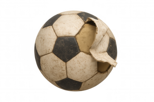 Old football, worn and broken, showing peeling surface, representing discarded sports equipment, challenges, or fading glory