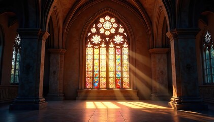 Obraz premium Light Streams Through Stunning Arched Stained Glass Window, Illuminating a Tranquil Interior Space. Perfect for Spirituality, Faith, Architecture, and Light Themes.