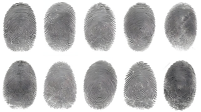 set of ten unique human fingerprints for identification purposes, isolated on transparent cutout background, cut out, png