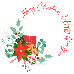 A festive arrangement of green leaves, red poinsettia, gift boxes, and berries with "Merry Christmas & Happy New Year" text.