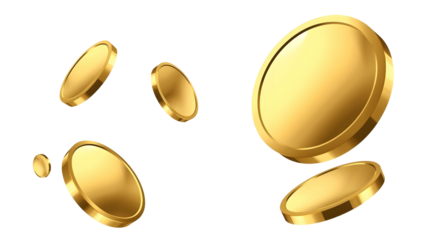 Falling coin, falling money, flying gold coin, golden rain. Explosion of gold coins. Jackpot or success concept. Isolated on transparent background, png