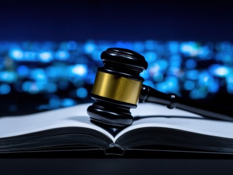 Professional Legal Gavel on Open Law Book with City Lights Background Authentic Authority Symbol for Corporate Justice Marketing and Editorial Use - Powered by Adobe