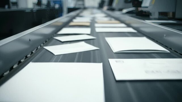 Envelopes Move on Conveyor Belt in Postal Facility