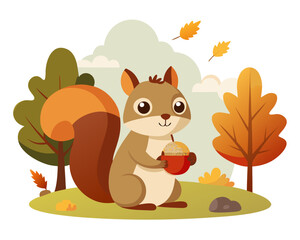 Squirrel holding acorn, autumn forest animal vector illustration