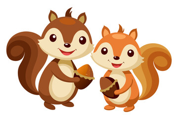 Squirrel holding acorn, autumn forest animal isolated on white background