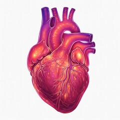 human heart, depicted with an inner glow. The illustration should highlight the heart's complex network of veins and arteries with pulsating light, symbolizing life and energy.